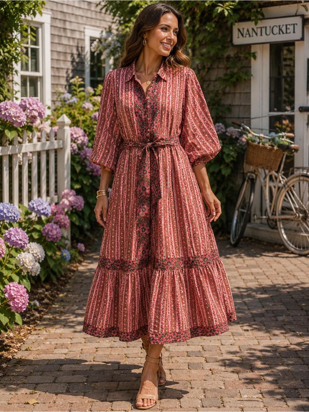 Victoria Dunn Prairie block print button up belted dress pockets NWT 3/4 sleeve